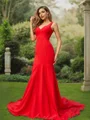 Sheath/Column Stretch Crepe Ruffles V-neck Sleeveless Sweep Train Bridesmaid Dresses