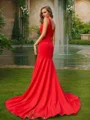 Sheath/Column Stretch Crepe Ruffles V-neck Sleeveless Sweep Train Bridesmaid Dresses
