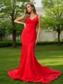 Sheath/Column Stretch Crepe Ruffles V-neck Sleeveless Sweep Train Bridesmaid Dresses