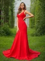 Sheath/Column Stretch Crepe Ruffles V-neck Sleeveless Sweep Train Bridesmaid Dresses