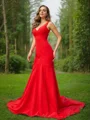 Sheath/Column Stretch Crepe Ruffles V-neck Sleeveless Sweep Train Bridesmaid Dresses
