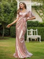 Sheath/Column Sequins Ruched V-neck Short Sleeves Sweep Train Bridesmaid Dresses