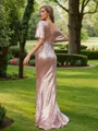Sheath/Column Sequins Ruched V-neck Short Sleeves Sweep Train Bridesmaid Dresses