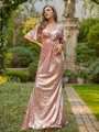 Sheath/Column Sequins Ruched V-neck Short Sleeves Sweep Train Bridesmaid Dresses