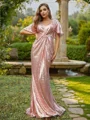 Sheath/Column Sequins Ruched V-neck Short Sleeves Sweep Train Bridesmaid Dresses