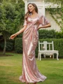 Sheath/Column Sequins Ruched V-neck Short Sleeves Sweep Train Bridesmaid Dresses