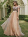 A-Line/Princess Tulle Sequin Off-the-Shoulder Sleeveless Floor-Length Bridesmaid Dresses