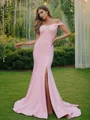 Sheath/Column Stretch Crepe Ruched Off-the-Shoulder Sleeveless Sweep Train Bridesmaid Dresses