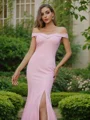 Sheath/Column Stretch Crepe Ruched Off-the-Shoulder Sleeveless Sweep Train Bridesmaid Dresses