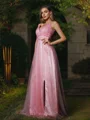 A-Line/Princess Tulle Ruffles V-neck Sleeveless Sweep Train Bridesmaid Dresses