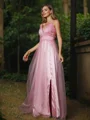 A-Line/Princess Tulle Ruffles V-neck Sleeveless Sweep Train Bridesmaid Dresses