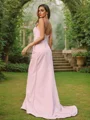 A-Line/Princess Stretch Crepe Ruched V-neck Sleeveless Sweep Train Bridesmaid Dresses