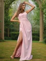 A-Line/Princess Stretch Crepe Ruched V-neck Sleeveless Sweep Train Bridesmaid Dresses