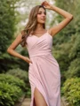 A-Line/Princess Stretch Crepe Ruched V-neck Sleeveless Sweep Train Bridesmaid Dresses
