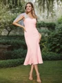 Sheath/Column Stretch Crepe Ruched One-Shoulder Sleeveless Tea-Length Bridesmaid Dresses
