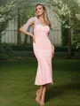 Sheath/Column Stretch Crepe Ruched One-Shoulder Sleeveless Tea-Length Bridesmaid Dresses