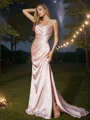 Sheath/Column Silk like Satin Ruched Sweetheart Sleeveless Sweep Train Bridesmaid Dresses