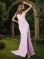 Sheath/Column Stretch Crepe Ruched V-neck Sleeveless Sweep Train Bridesmaid Dresses