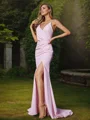 Sheath/Column Stretch Crepe Ruched V-neck Sleeveless Sweep Train Bridesmaid Dresses