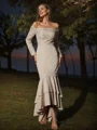 Trumpet/Mermaid Stretch Crepe Lace Off-the-Shoulder Long Sleeves Asymmetrical Bridesmaid Dresses