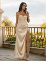 Sheath/Column Silk Like Satin Ruched V-neck Sleeveless Floor-Length Bridesmaid Dresses