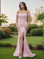 Sheath/Column Stretch Crepe Ruched Off-the-Shoulder Sleeveless Sweep Train Bridesmaid Dresses