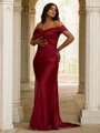 Sheath/Column Satin Ruched Off-the-Shoulder Sleeveless Sweep Train Bridesmaid Dresses