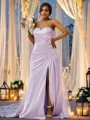 Sheath/Column Silk like Satin Ruched Sweetheart Sleeveless Sweep Train Bridesmaid Dresses