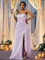 Sheath/Column Silk like Satin Ruched Sweetheart Sleeveless Sweep Train Bridesmaid Dresses