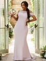 Sheath/Column Stretch Crepe Lace Scoop Sleeveless Sweep Train Bridesmaid Dresses