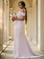 Sheath/Column Stretch Crepe Lace Scoop Sleeveless Sweep Train Bridesmaid Dresses