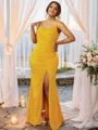Sheath/Column Jersey Ruched Spaghetti Straps Sleeveless Sweep Train Bridesmaid Dresses