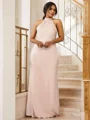 Sheath/Column Silk like Satin Ruched Halter Sleeveless Floor-Length Bridesmaid Dresses