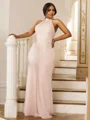 Sheath/Column Silk like Satin Ruched Halter Sleeveless Floor-Length Bridesmaid Dresses