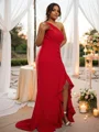 Sheath/Column Stretch Crepe Ruched One-Shoulder Sleeveless Sweep Train Bridesmaid Dresses