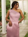 Sheath/Column Satin Lace One-Shoulder Sleeveless Sweep Train Bridesmaid Dresses