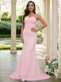 Sheath/Column Stretch Crepe Lace Spaghetti Straps Sleeveless Sweep Train Bridesmaid Dresses