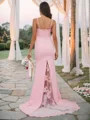 Sheath/Column Stretch Crepe Lace Spaghetti Straps Sleeveless Sweep Train Bridesmaid Dresses