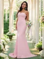 Sheath/Column Stretch Crepe Lace Spaghetti Straps Sleeveless Sweep Train Bridesmaid Dresses