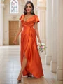 A-Line/Princess Silk like Satin Ruched V-neck Short Sleeves Floor-Length Bridesmaid Dresses