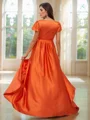 A-Line/Princess Silk like Satin Ruched V-neck Short Sleeves Floor-Length Bridesmaid Dresses