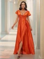 A-Line/Princess Silk like Satin Ruched V-neck Short Sleeves Floor-Length Bridesmaid Dresses