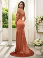 Sheath/Column Silk like Satin Ruched Off-the-Shoulder Sleeveless Sweep Train Bridesmaid Dresses