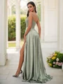 A-Line/Princess Silk like Satin Ruffles Spaghetti Straps Sleeveless Sweep Train Bridesmaid Dresses