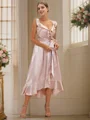 A-Line/Princess Silk like Satin Ruffles V-neck Sleeveless Tea-Length Bridesmaid Dresses