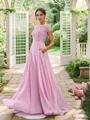 A-Line/Princess Chiffon Lace Scoop Short Sleeves Floor-Length Bridesmaid Dresses