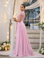 A-Line/Princess Chiffon Lace Scoop Short Sleeves Floor-Length Bridesmaid Dresses