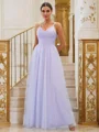 A-Line/Princess Tulle Applique V-neck Sleeveless Floor-Length Bridesmaid Dresses