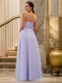 A-Line/Princess Tulle Applique V-neck Sleeveless Floor-Length Bridesmaid Dresses