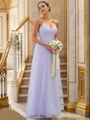 A-Line/Princess Tulle Applique V-neck Sleeveless Floor-Length Bridesmaid Dresses